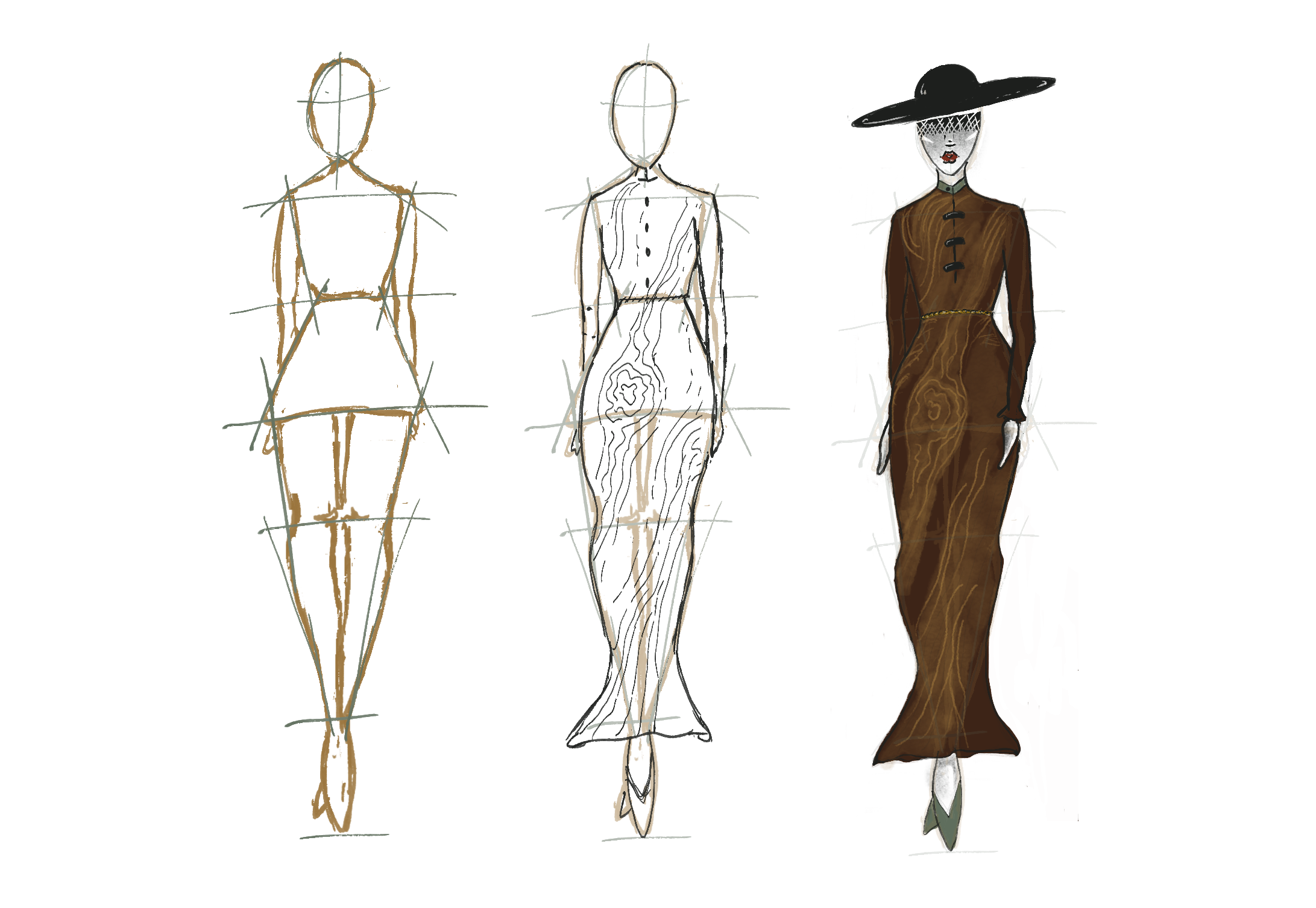 Fashion design sketches for a long dress with wood texture