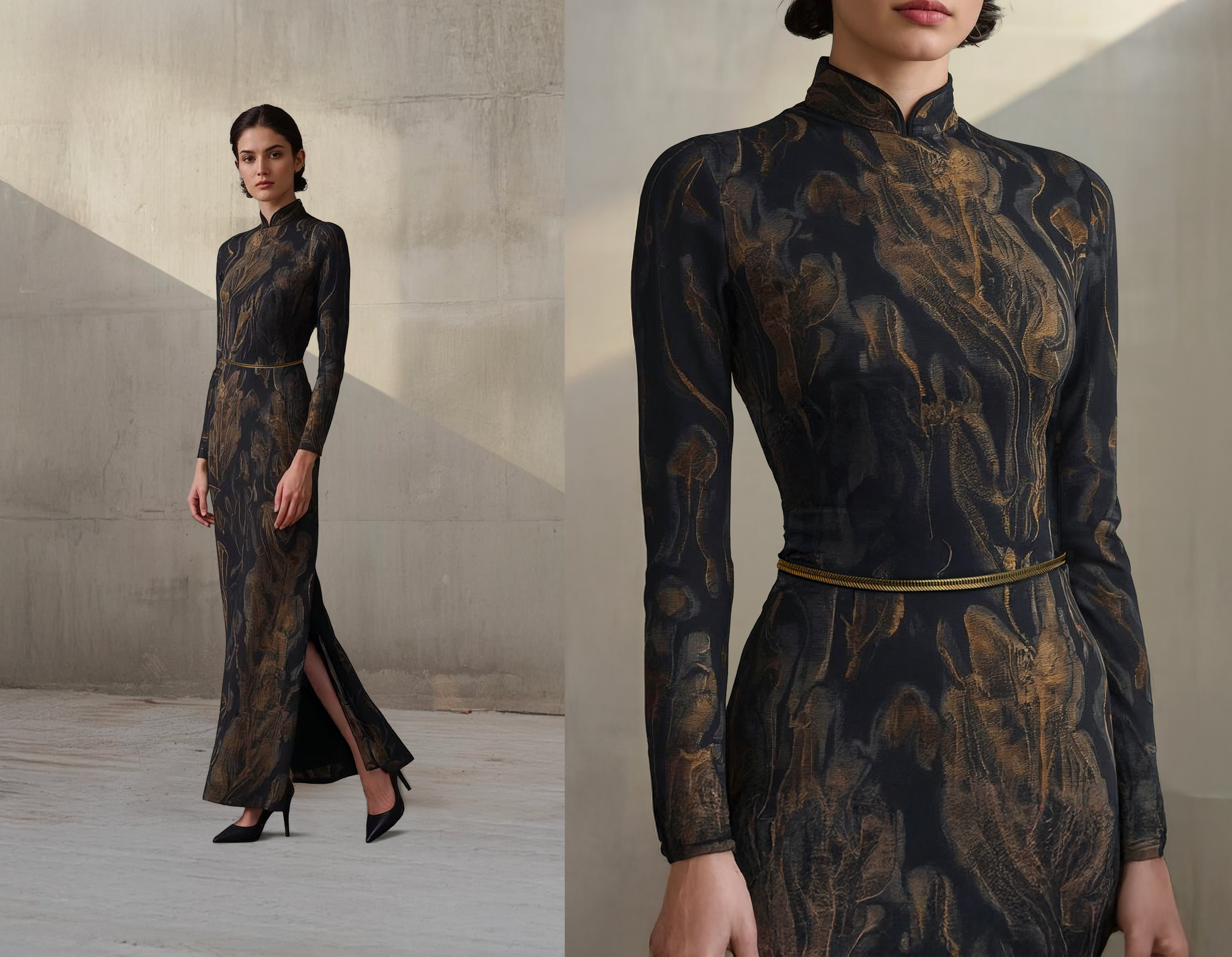 Model wearing an elegant dark dress with organic golden texture by Stonebloc